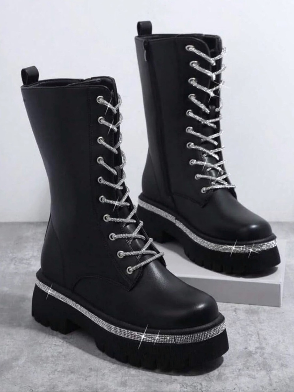 Wild Diva Black Lace-Up Platform Combat Boots with Silver Rhinestone Trim - Picture 6 of 6